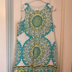 London Times Sleeveless Dress in Blue and Yellow Mandala Print
